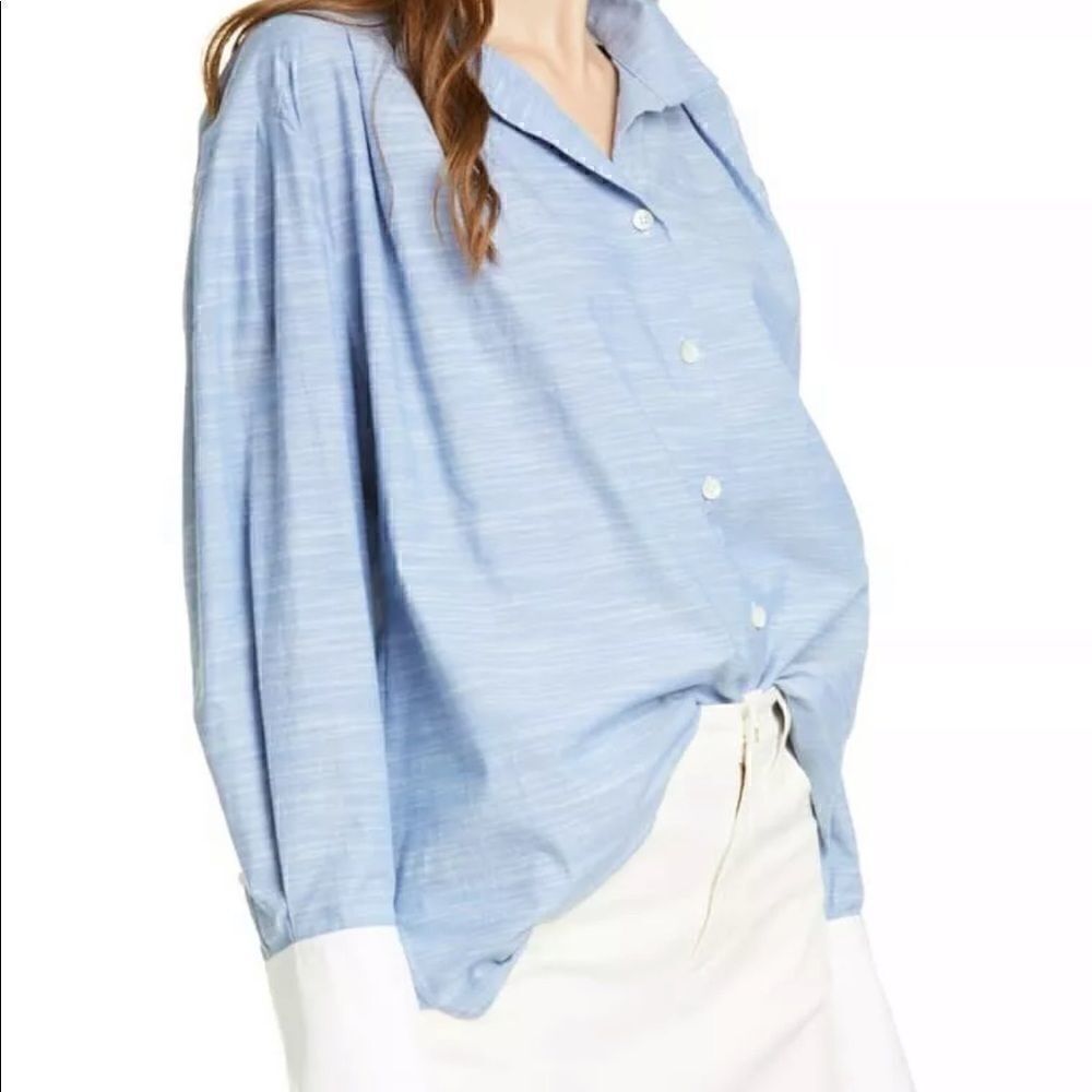 Frame Oxford Blue Pleated Contrast Cuff Button Up - Picture 2 of 11